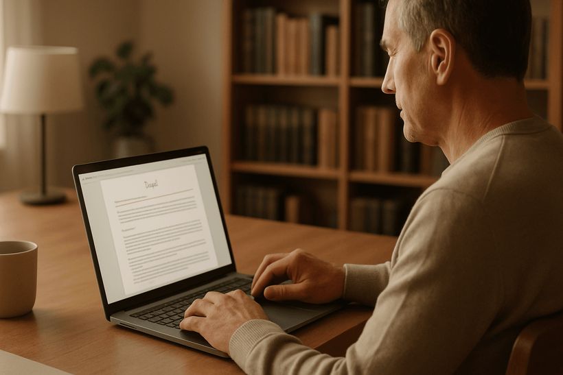 Mann mittleren Alters arbeitet ruhig an Laptop in modernem, warm beleuchtetem Homeoffice mit Bücherregal im Hintergrund.
