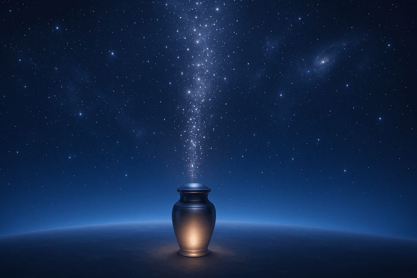 Elegante Urne verströmt leuchtenden Sternenstaub ins All vor sternenklarem Himmel mit Blick auf die Erde.