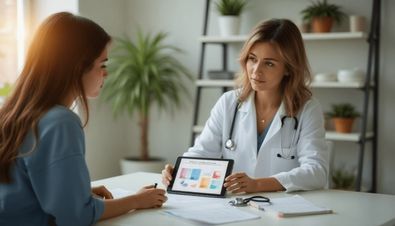 Ärztin zeigt Patientin auf einem Tablet medizinische Informationen in einem modernen Praxisraum.