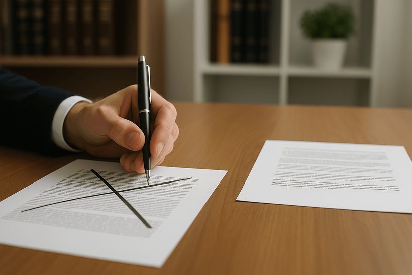 Hand streicht mit Stift ein Dokument auf Schreibtisch durch, daneben liegt ein neues in modernem Büro mit Büchern und Pflanze.