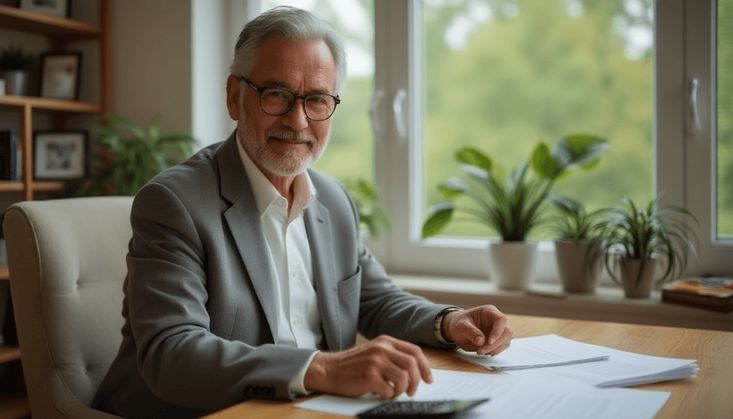 Mann im grauen Anzug sitzt an einem Schreibtisch mit Dokumenten und Taschenrechner, Pflanzen im Hintergrund.