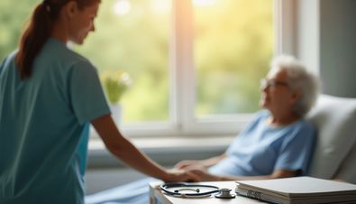 Pflegekraft in blauer Uniform hält die Hand einer älteren Patientin vor einem sonnigen Fenster; im Vordergrund liegen Stethoskop und Unterlagen.