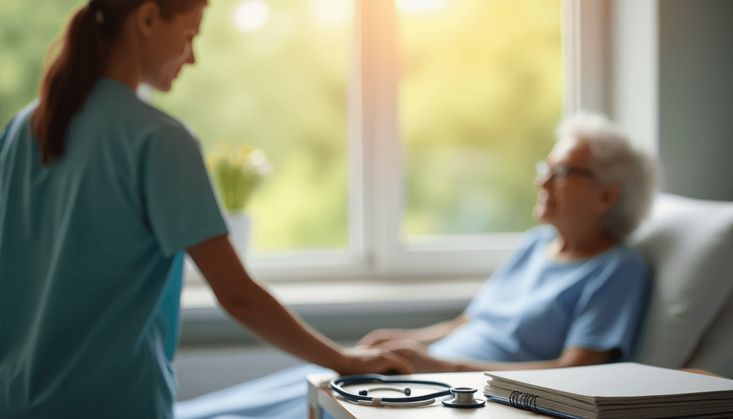 Pflegekraft in blauer Uniform hält die Hand einer älteren Patientin vor einem sonnigen Fenster; im Vordergrund liegen Stethoskop und Unterlagen.