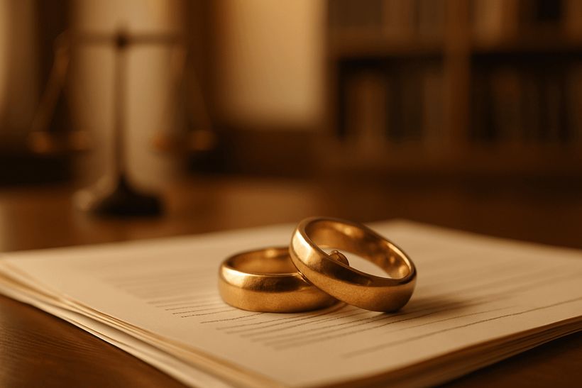 Zwei goldene Ringe liegen auf Verträgen, im Hintergrund Waage und Bücherregal in warmem Licht.